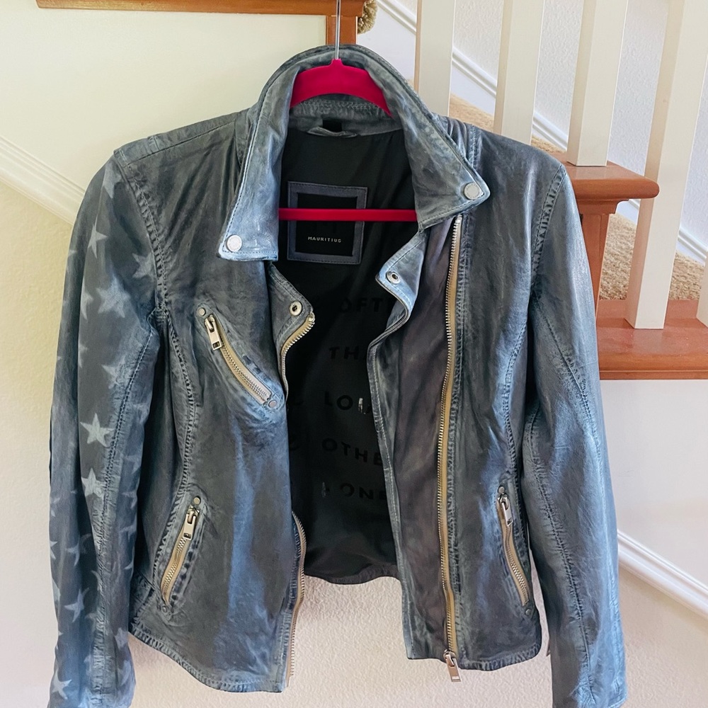Mauritius Leather Blue Motorcycle Jacket with White Stars Size 6
